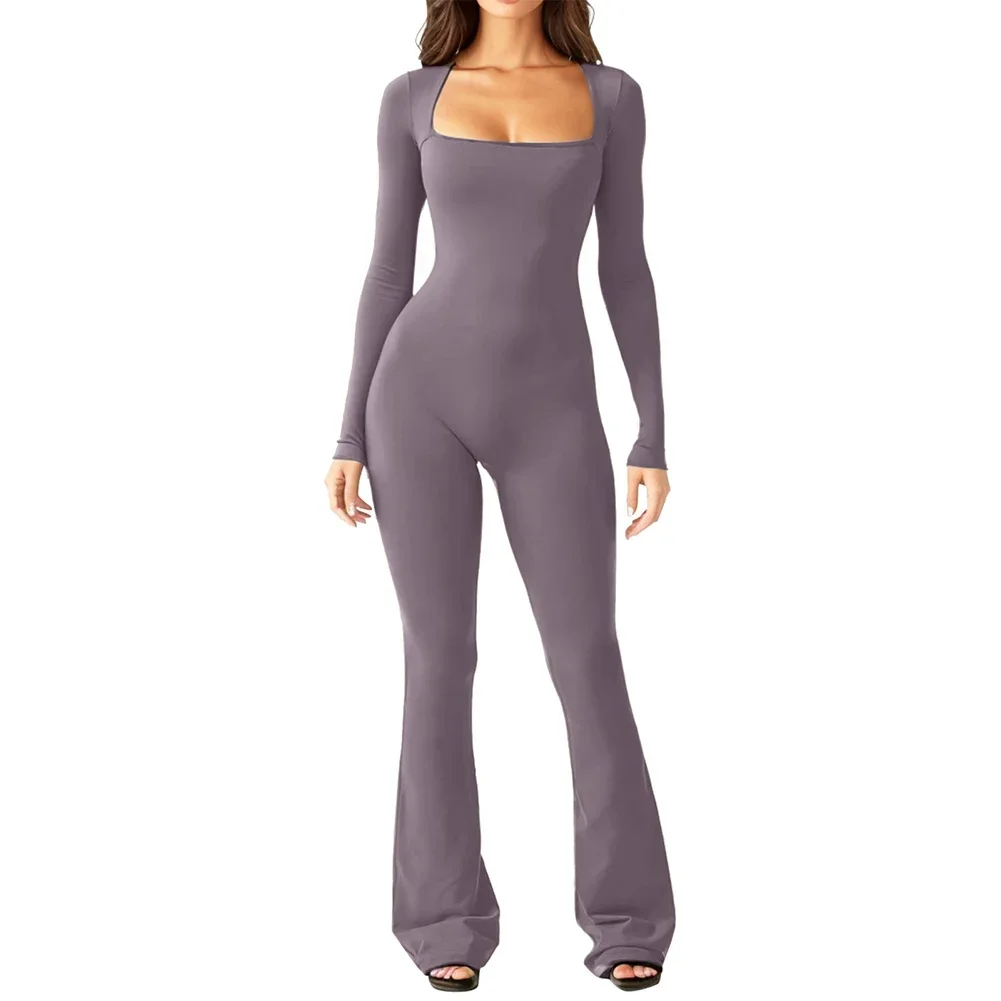 Women Autumn Long Sleeved Square Neck Slim Fit Flared Bodycon Jumpsuit Pants Romper Playsuit Elegant Fashion Female Jumpsuit