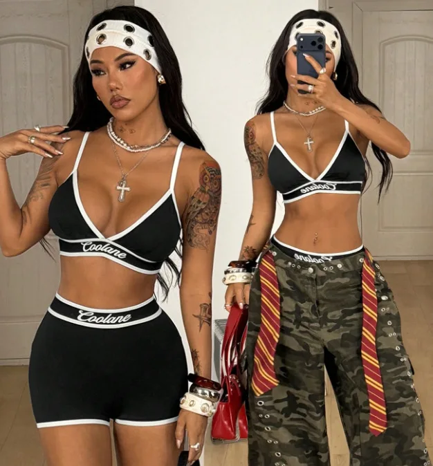 

European and American hot girls letter print sports suit feminine suspender bra + high waist shorts two-piece set