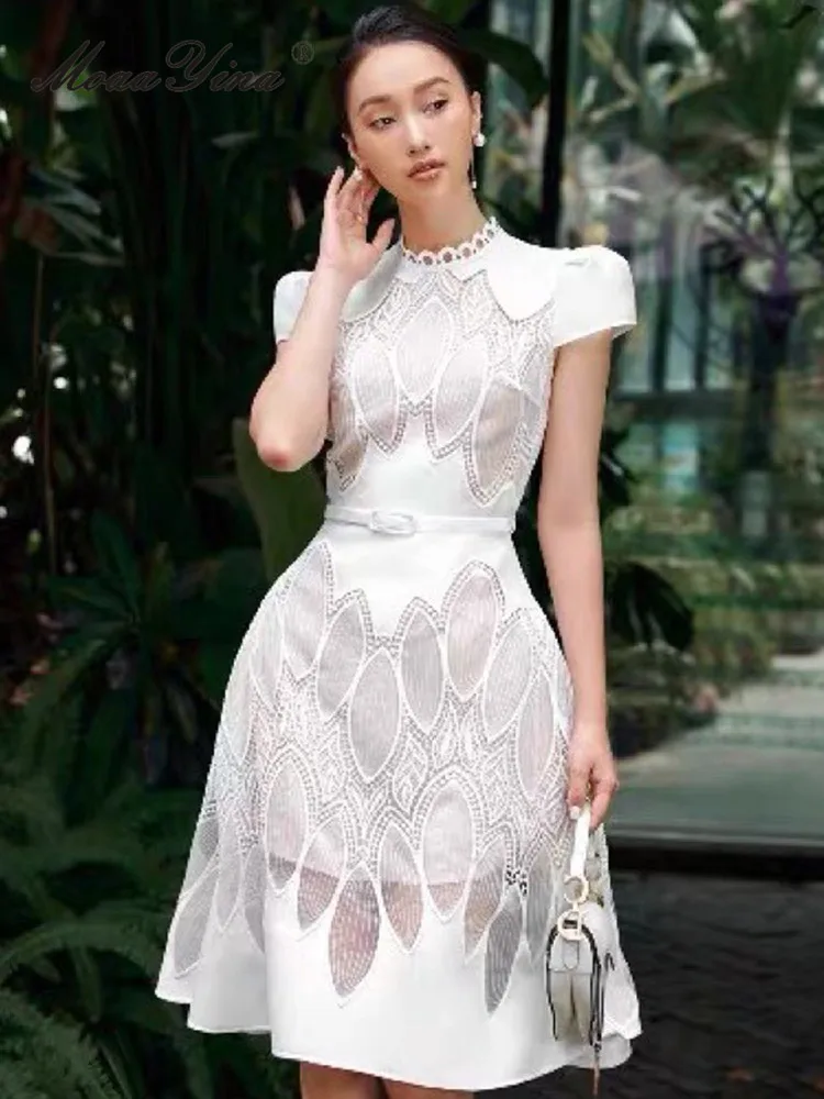 

Gedivoen Autumn Fashion Runway White Vintage Spliced Dress Women Stand Collar Short Sleeve Hollow Out Embroidery Slim Long Dress