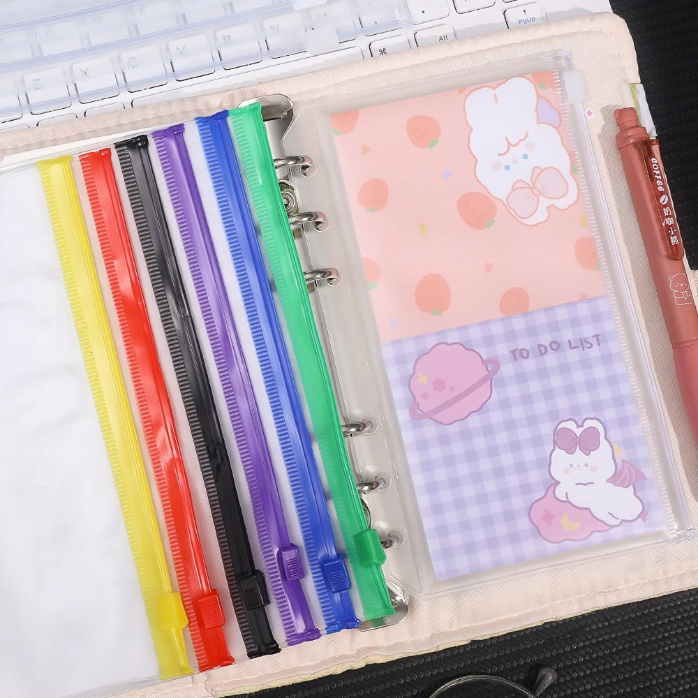 6/12pcs A6 Size 6 Holes Binder Pockets Transparent Zipper Folders Loose Leaf Bags Waterproof PVC Document Pouch Pocket Folders