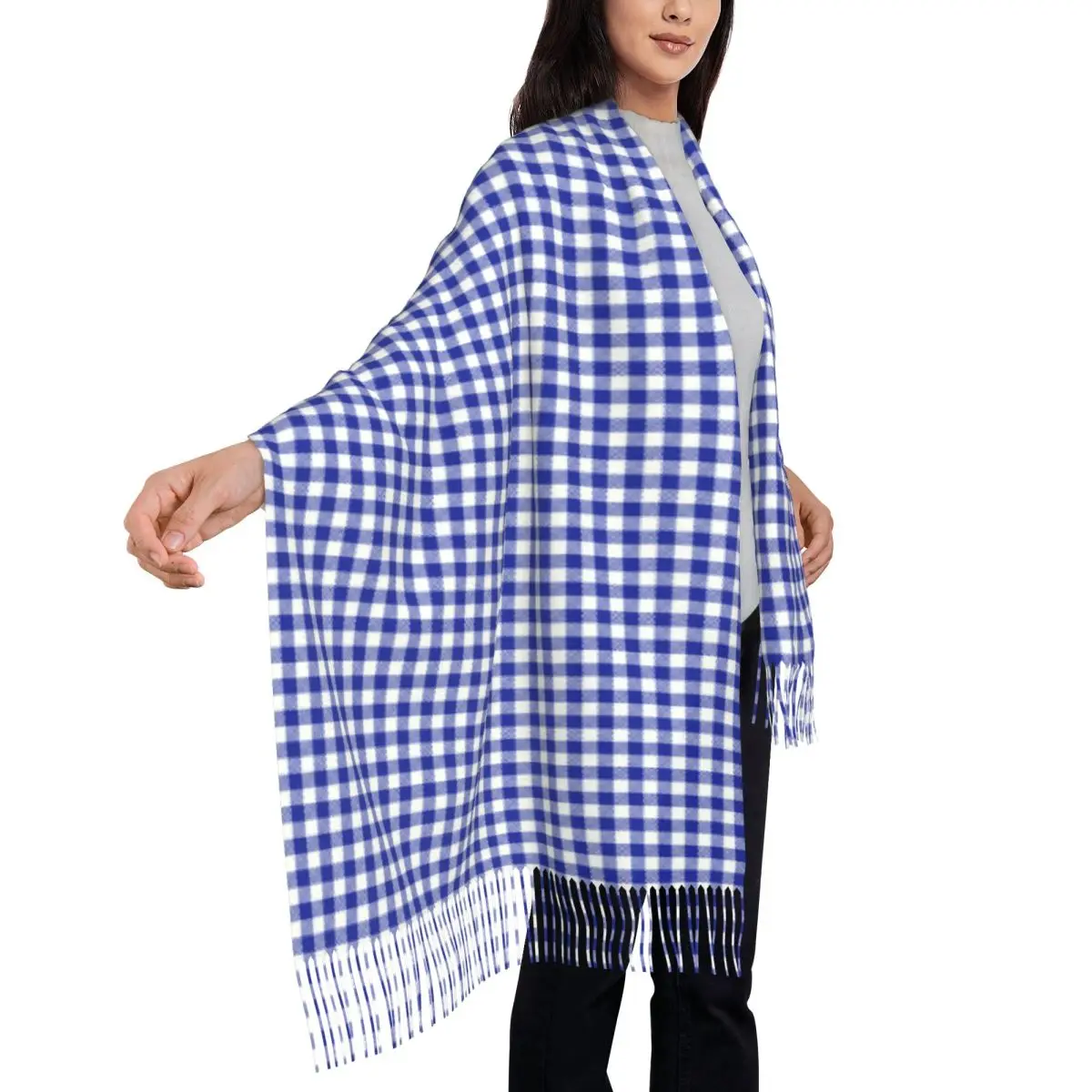 Personalized Printed Blue Gingham Scarf Women Men Winter Fall Warm Scarves Geometric Checkered Plaid Shawl Wrap