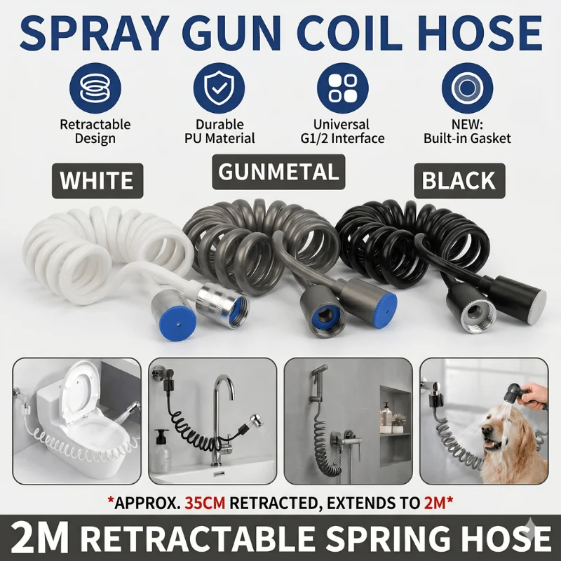 2M Retractable Spring Hose PU Flexible Shower Hose for Toilet Bidet Sprayer Gun Bathroom Water Plumbing Telephone Line Pipe