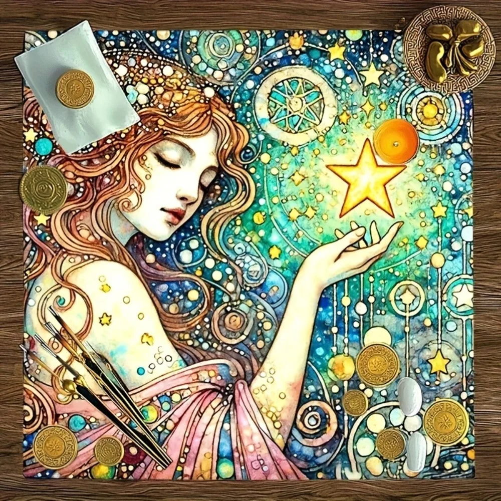 Tarot Tablecloth Multiple Sizes Digital Print Stars Cosmos Elegant Female Design Astrological Theme Polyester Fabric