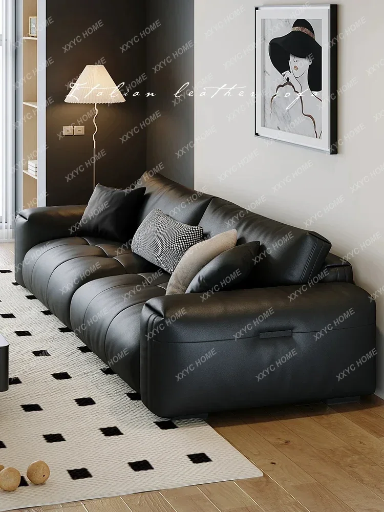 AA Modern simple black leather sofa living room retro large apartment straight row
