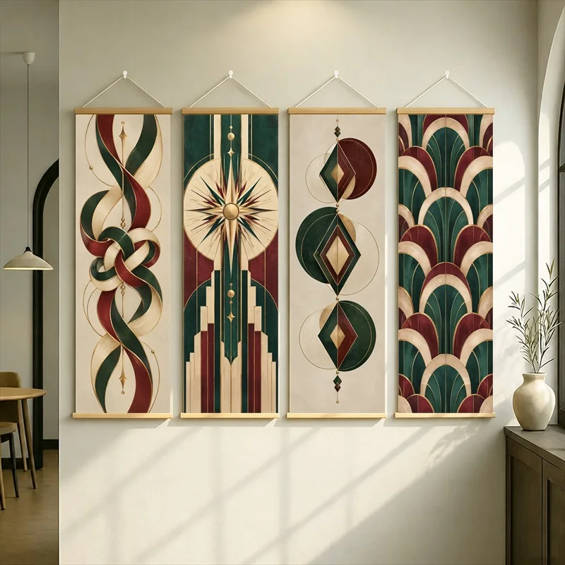 Flowing Ribbons Starburst Diamonds and Scallops Hanging Scroll with Vintage Inspired Geometric Patterns for a Living Room