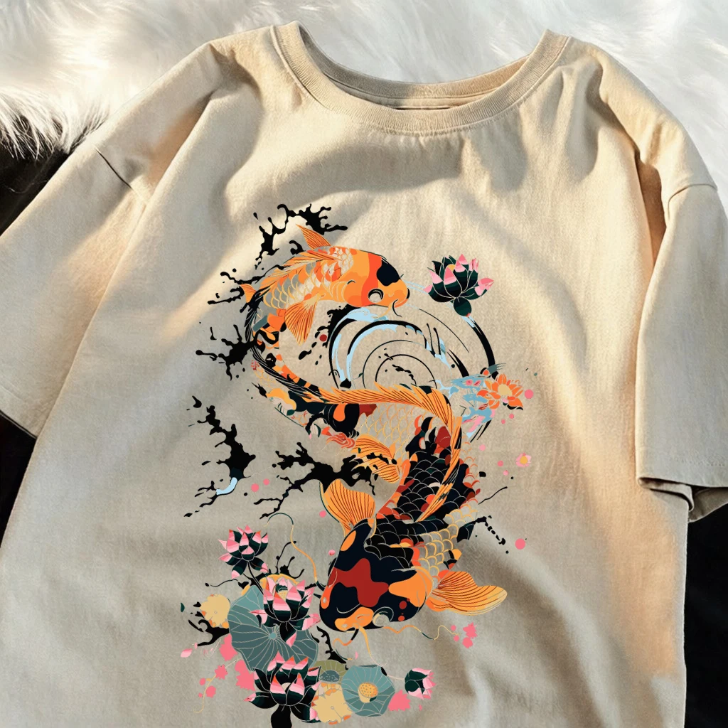 Koi Swimming Around Lotus Flowers Printing Men T Shirt All-Match Cotton Tee Summer Clothes Comfortable Loose Male Short Sleeve