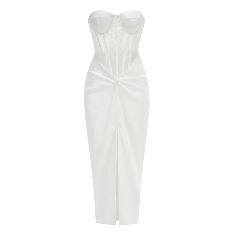 Sexy trägerloses Mesh-durchsichtiges Patchwork-Maxikleid, luxuriös, 2025, Sommer, neues Damen-Abendkleid, modische Promi-Abschlussballkleidung