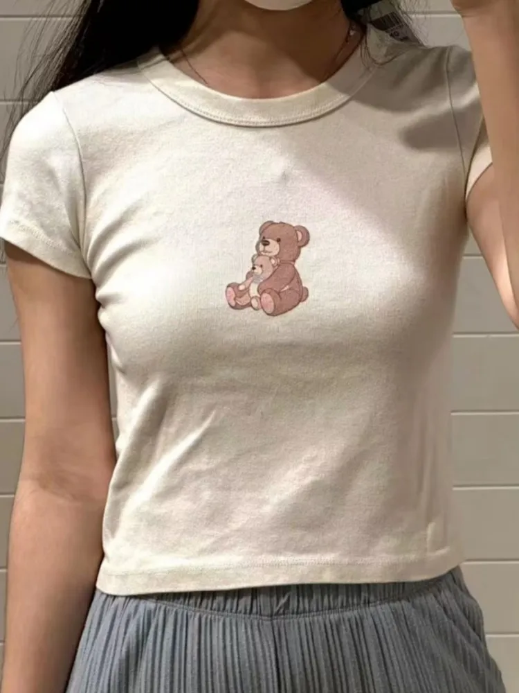 Casual Women Soft Cotton Beige Slim Tees 2023 Summer Fashion Ladies Vintage O Neck Short Sleeves Female Bear Printed Tops