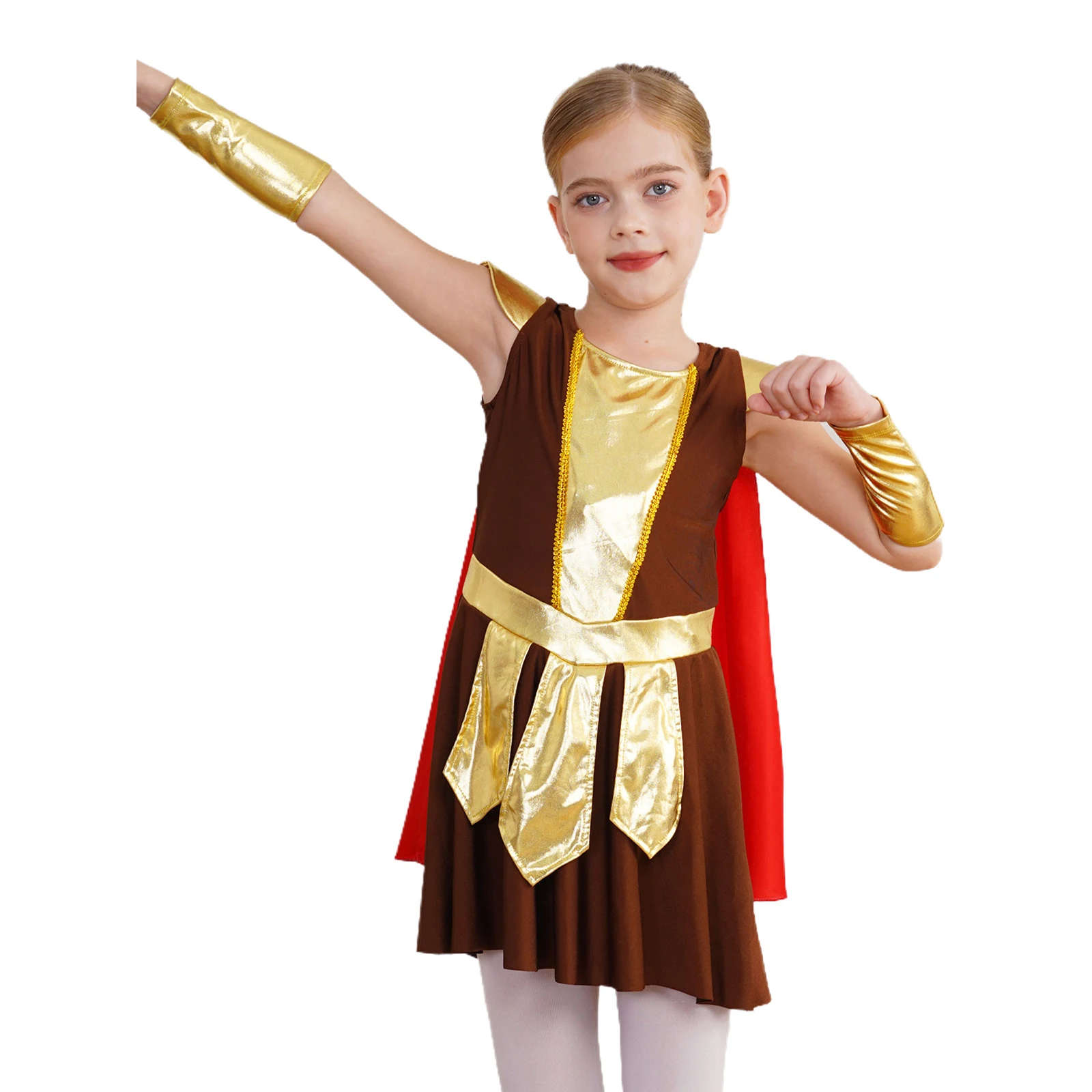 Kid Girls Halloween Ancient Roman Warrior Costume Medieval Viking Soldier Gladiator Dress Up Metallic Shiny Robe Dress with Cape