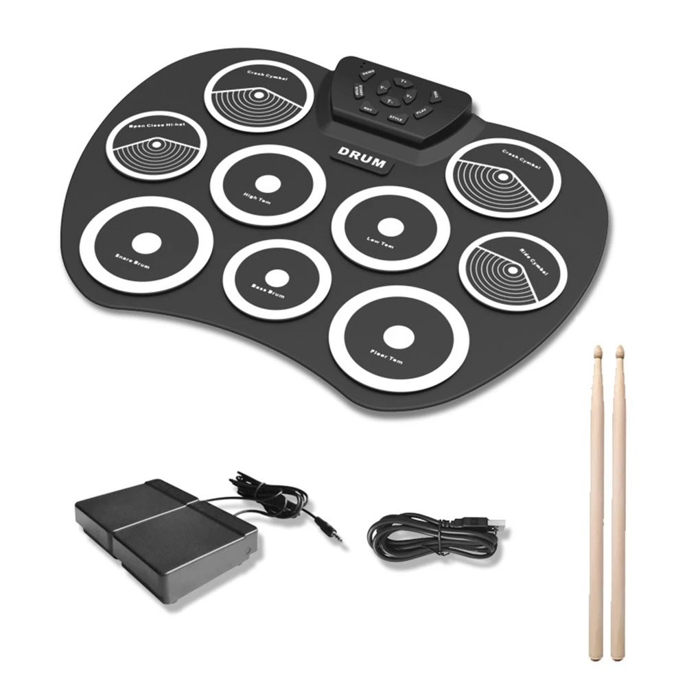 Electronic Drum Set Hand-Rolled Drum 9-Pad MIDI Interface Supports DTX Games Portable Drum Set with Drumsticks Pedals