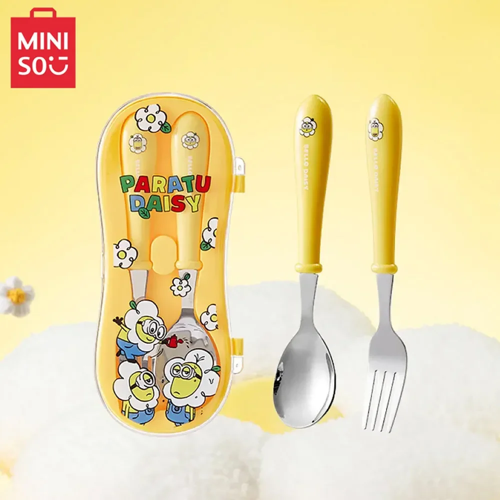 MINISO Anime Figures Minions Series Cutlery Fork Spoon Storage Box Set Cartoon Cute Work Portable Outdoor Spoon Fork Tableware