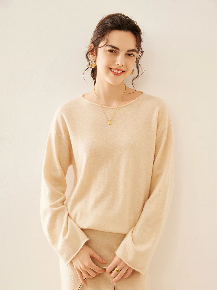 Suéteres de malha de lã cashmere BirdTree para mulheres, suéter solto com gola em o, blusa monocromática, elegante e elegante, outono e inverno, 12G, T485120QM