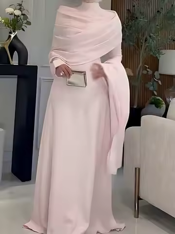 Elegant Turtleneck Long Sleeve Banquet Dress Fashionable Ribbon Slim Women's Maxi Dresses Muslim New Solid Pleated Evening Dress