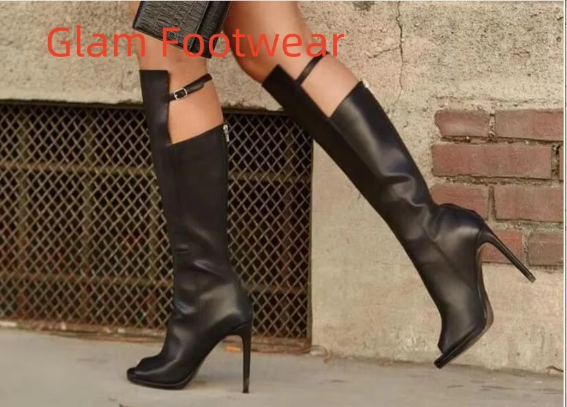 Botas Femininas Black Leather Women Peep Toe Knee High Boots Zipper Buckles Ladies High Heel Boots Knight Style Female Shoes