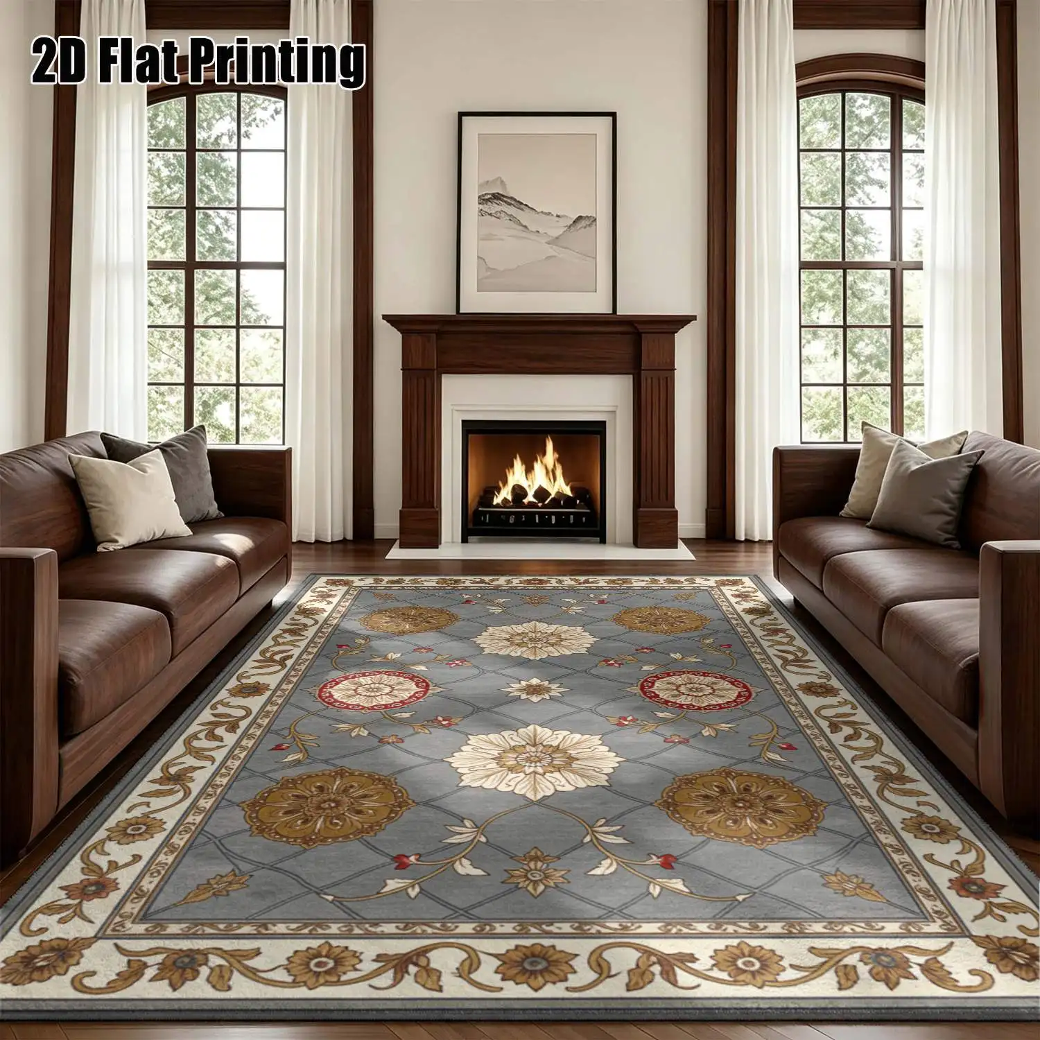1Pc 2D Printed Carpet: Blue-Grey Floral, European Vintage, Modern Minimalist, Geometric Line, Bohemian Doormat Home Decor, Multi-Size, Machine Washable. For Entrance, Dining Room, Foyer, Bedroom, Living Room.