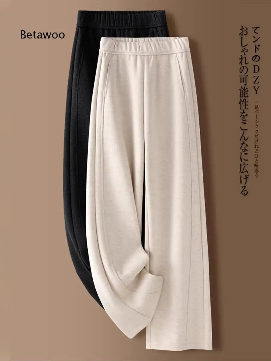 Women High Waist Draping Straight Trousers Soft Narrow Wide Leg Curved Pants With Fleece Lining Thickened Design For Spring Aut