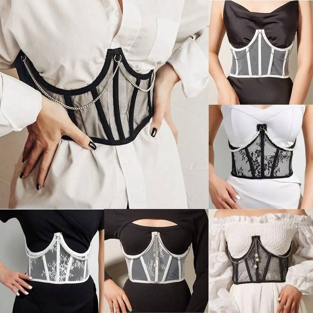 New Polyester Waist Corset Lace Transparent Lace Slimming Waistband Tie Straps Fashion Elastic Corsets Women