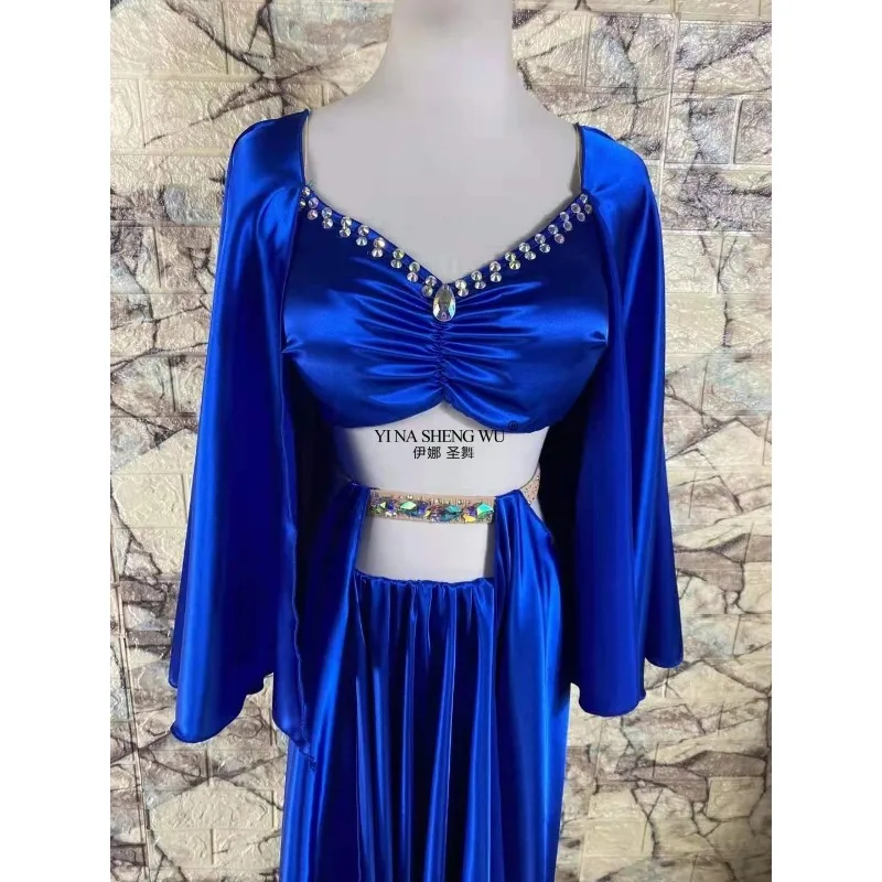 Set di costumi per spettacoli di danza del ventre da donna personalizzati, gonna lunga in raso, completo di danza orientale per adulti e bambini