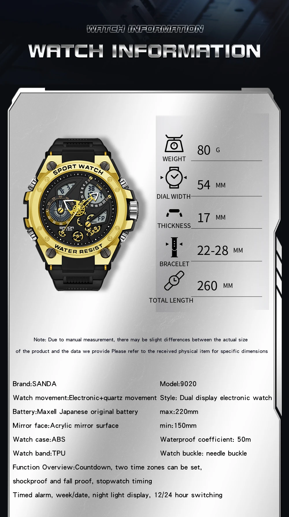 Sanda Men's Watch Electric Watch Multi-Function Fashion Trend Outdoor Luminous Alarm Clock Waterproof Shockproof Men Watch 9020