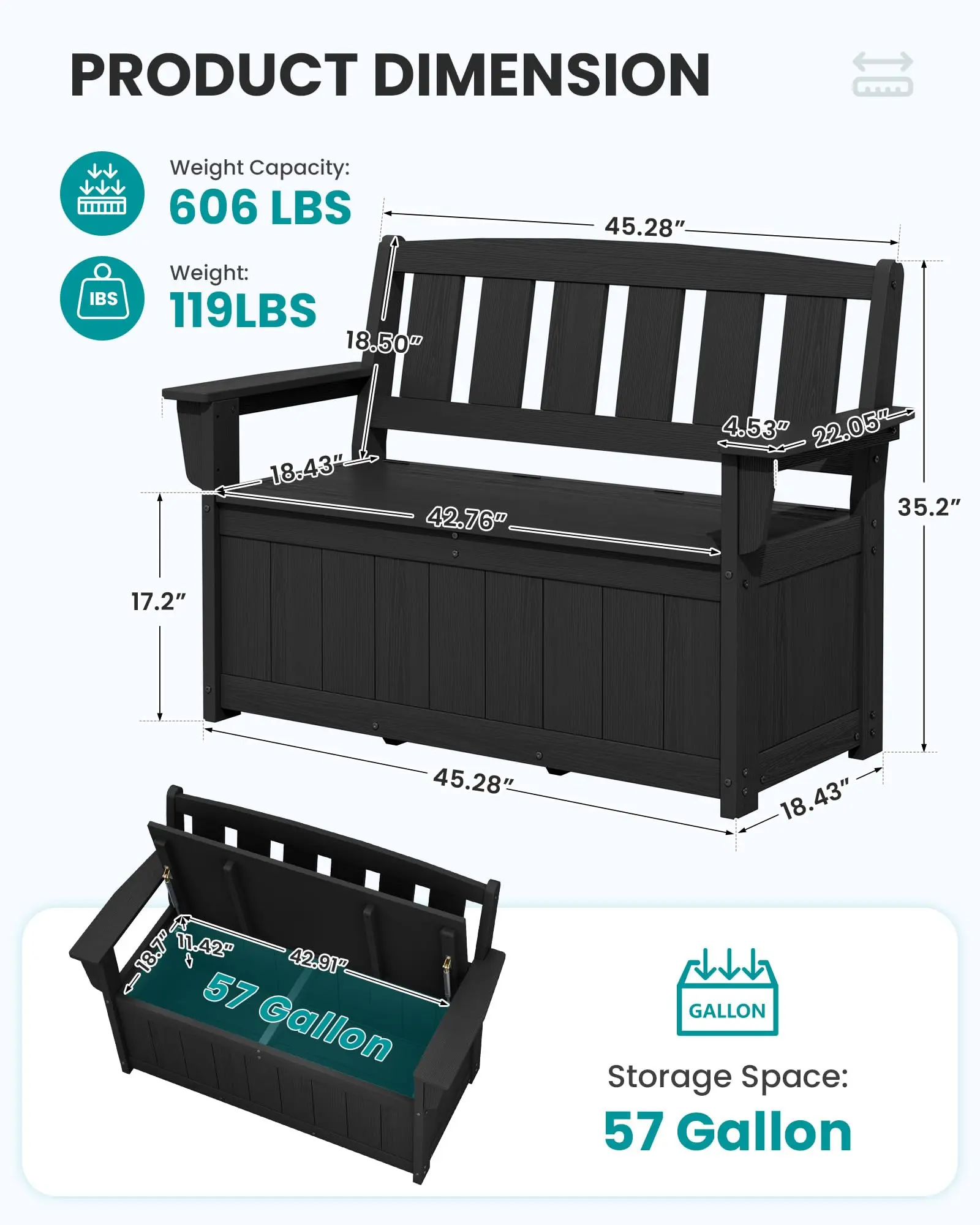 HDPE Outdoor Storage Bench, All-Weather, UV-Resistant Deck Box with Waterproof Storage Bags, 57 Gallon Dual-Use Seat &