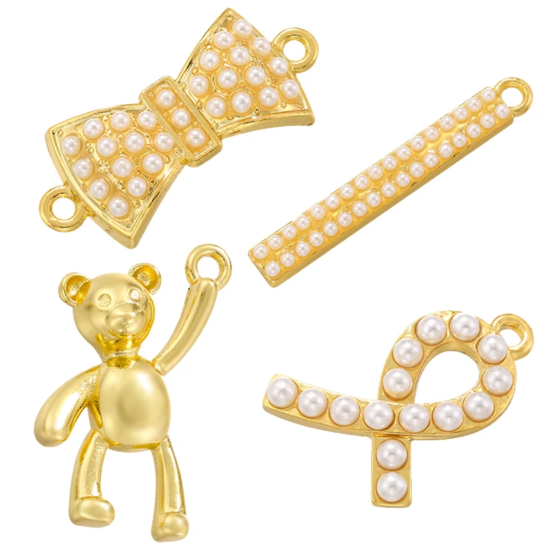 ZHUKOU Pearl bow charms for jewelry making Cute Bear jewelry pendants Brass Pendant accessories jewelry materials VD1345