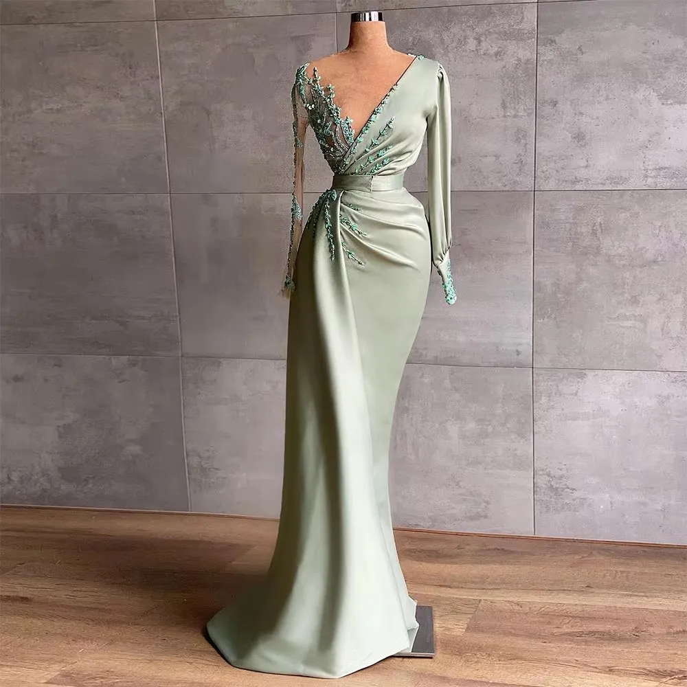 

SWEMILE Beading Satin Mermaid Prom Dresses Long Sleeves V-Neck Appliques Evening Gown Pleats Dubai Women Formal Party Gown