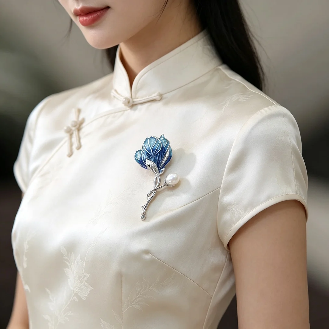 Teacher's Day Gift Freshwater Pearl Enamel Magnolia Flower Brooch Female Temperament Artistic High Sense Suit Accessories Pin