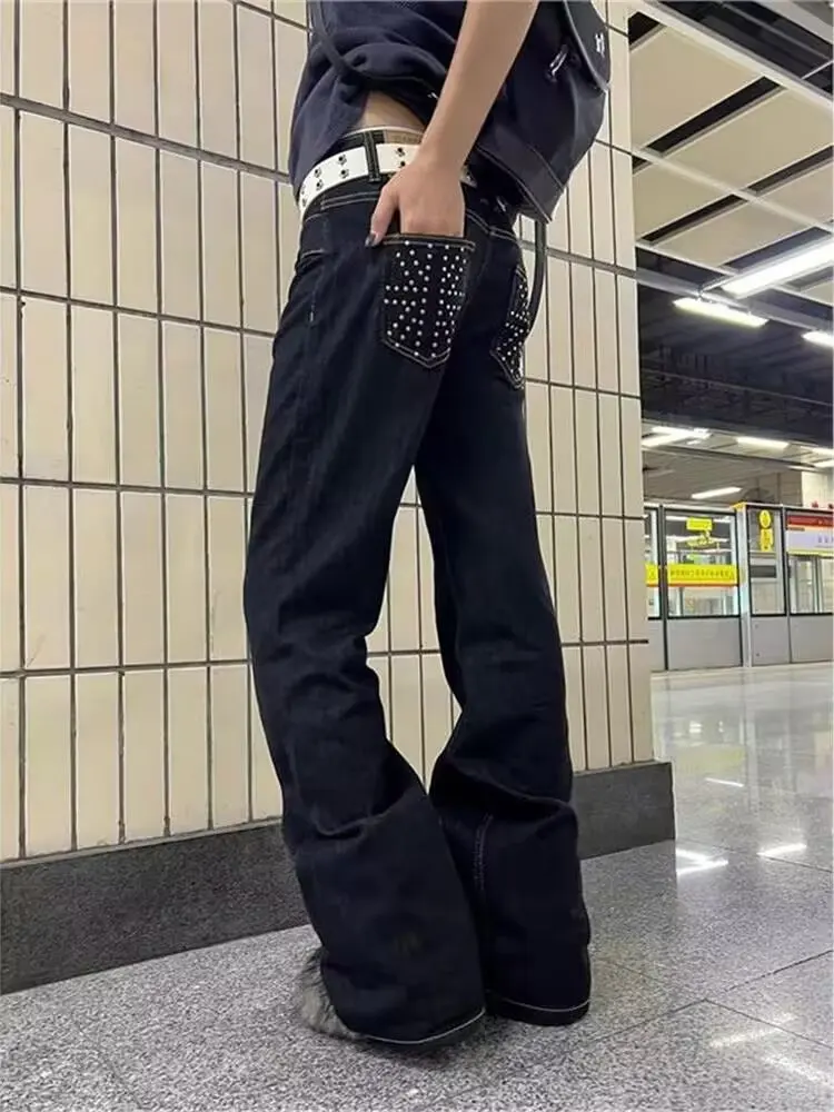 2025 Trend Y2K Style Rivet Design Dark Blue Low Rise Baggy Women's Jeans Pants For Woman Clothing Straight Gothic Denim Trousers