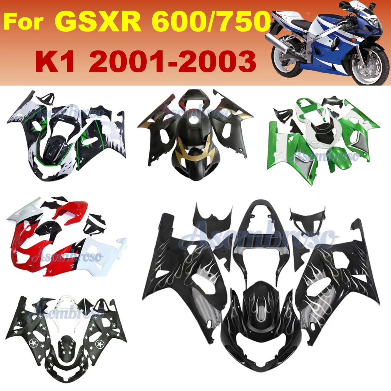 

Complete Fairing kit Suitable for Suzuki GSXR600 2001 2002 2003 gsxr750 gsxr 600 K1 01 02 03 ABS Plastic Bodywork