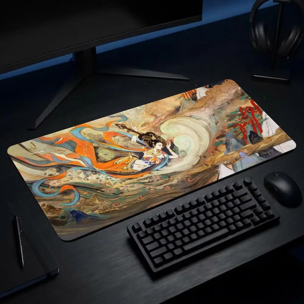 XXL Gaming Mat Keyboard Mouse Mat Table Protector Ancient Chinese Dunhuang Fairy Dragon Crane Lotus Non Slip Rubber Base