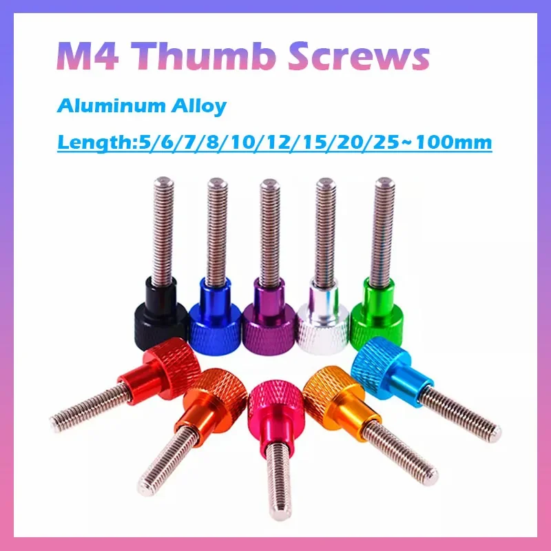 1Pcs M4 Aluminum & Stainless Steel Anodised Knurled Thumb Screw Hand Grip Knob Head Bolts Length 5/6/8/10/12/15/20/25/30~100mm