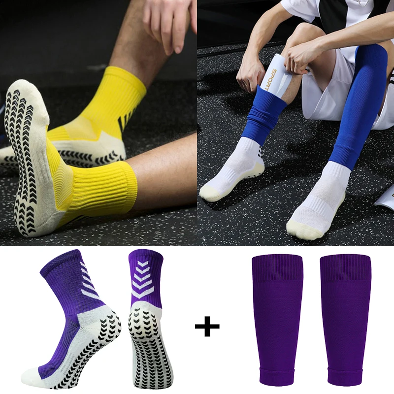 Anti Slip Soccer Socks Adults Extra Size Sports Towel Bottom Elasticity Football Shin Guards Leg Cover Sleeves Protection Gear