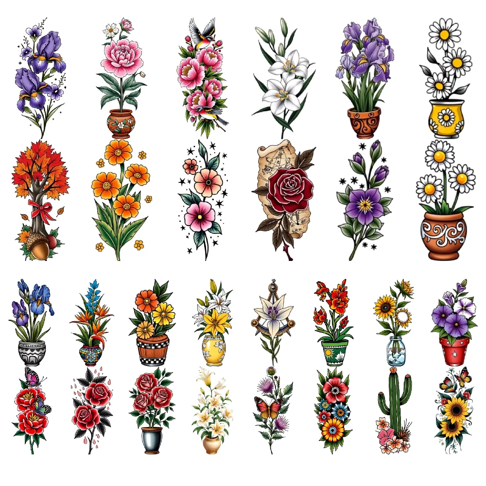 

28pcs Temporary Tattoo New School Traditional Iris Orchids Cacti For Shoulders Adults Arms
