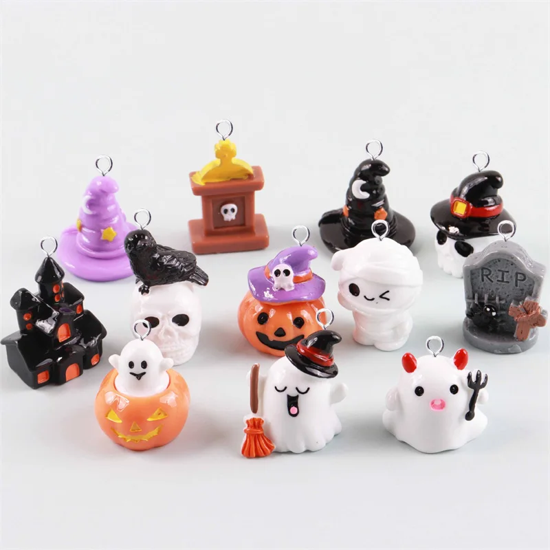 

6pcs European Halloween Charms for Jewelry Making Pumpkin Ghost Skeleton Hat Castle Resin Pendant Diy Earring Necklace Findings