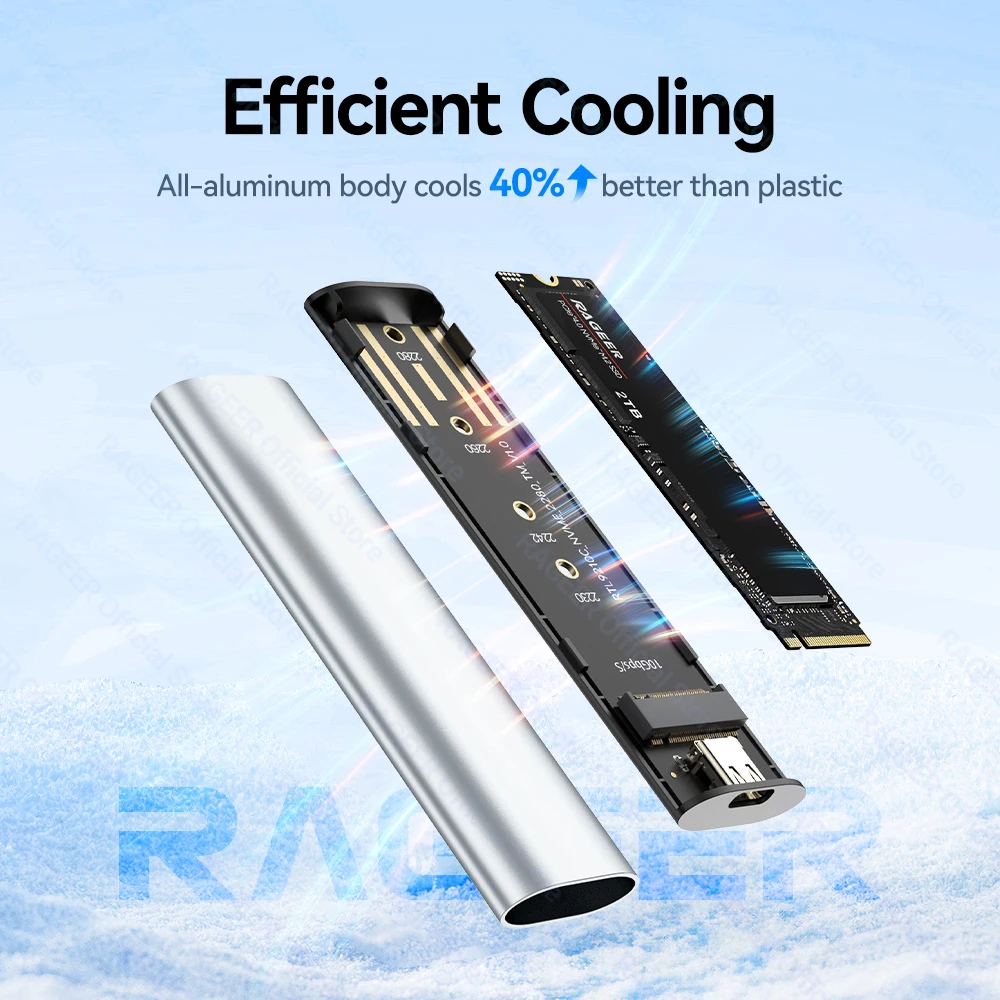 Корпус SSD RAGEER M.2 NVMe — неинструментный алюминиевый сплав RTL9210CN USB Type-C, 10 Гбит/с, поддерживает до 2 ТБ, поддерживает твердотельный накопитель 2280/60/42/30