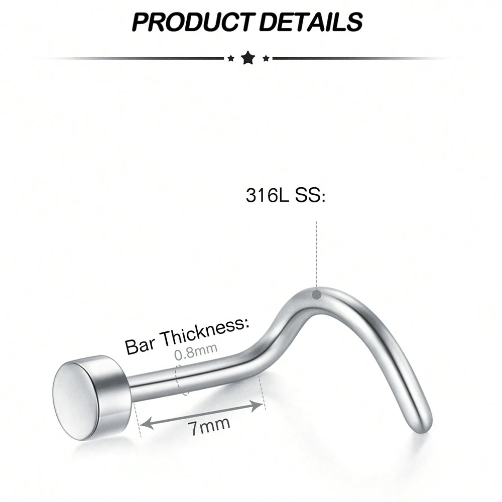 2PCS 20G Stainless Steel Nose Rings Nose Stud Ring Twister Screws L Shaped Ball Top Nose Piercing Jewelry  2MM