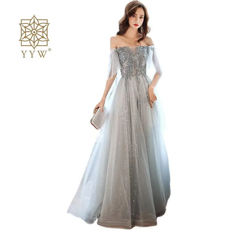 New Gray Long Half Sleeve Lady Girl Women Princess Bridesmaid Banquet Party Ball Prom Dress Flower Embroidery Performance Gown