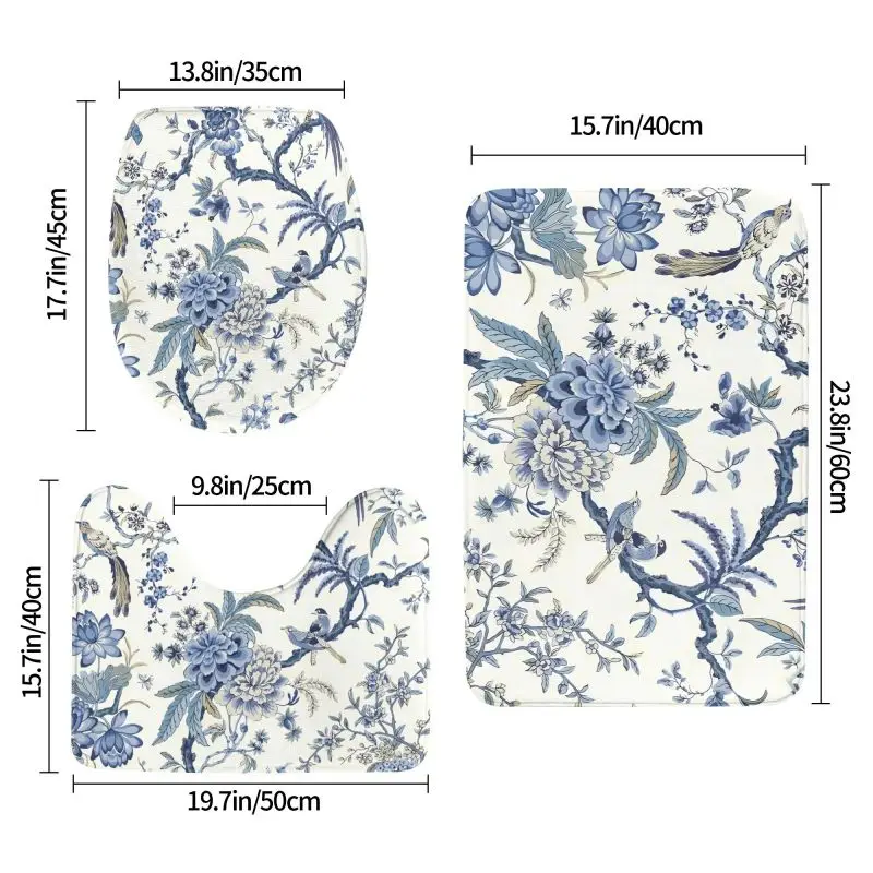 3 Pcss Set Chinoiserie Blue and White Outdoor Bule Birds Flowers Non-Slip Bath Mats Toilet Seat Cover U-Shaped Mat and Floor Rug