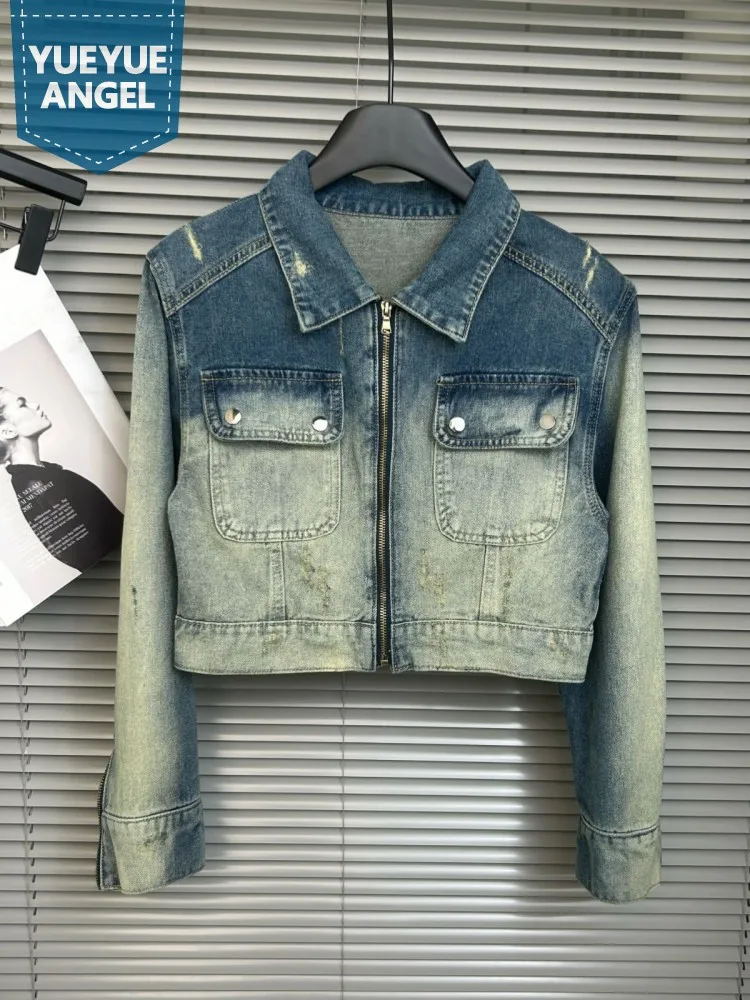 

Vintage Women Designer Denim Short Coat Zip Spring Long Sleeve Casual Outerwear Hole Ripped High Street Female Motorcycle Jacket