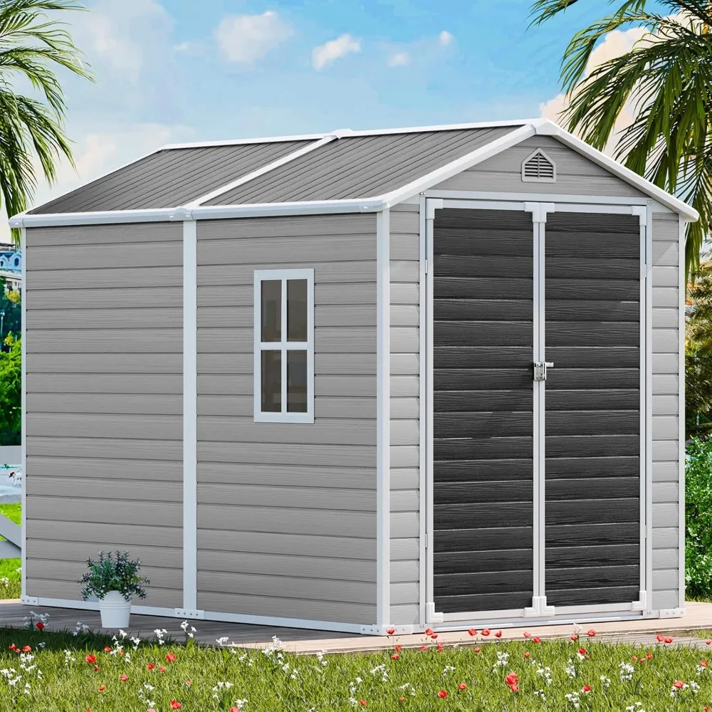 

8x6 FT Resin Storage Shed, Large Waterproof Outdoor Sheds with Floor & Lockable Door & Vents, Plastic Tool Shed for Backyard, P