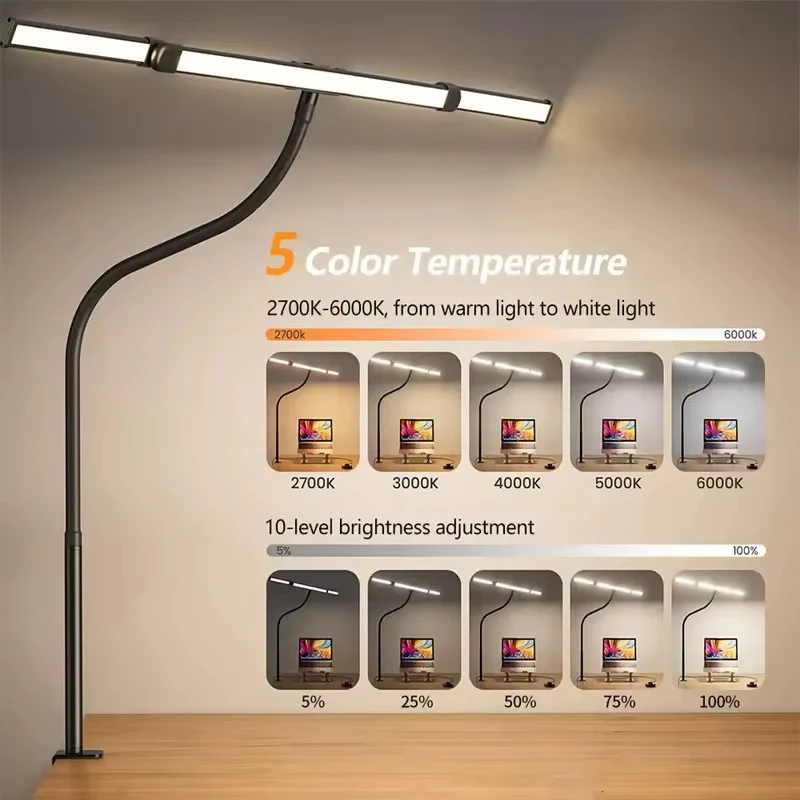 Clip On Reading Lamp Computer Monitor Lamp Office Lighting Triple Fold Adjustable Arm Eye Care Reading Lamp for Reading Work