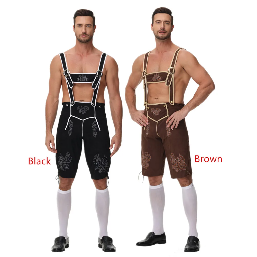 

Men German Oktoberfest Lederhosen Costume Bavarian Beer Festival Party Cosplay Black Brown Suspenders Shorts