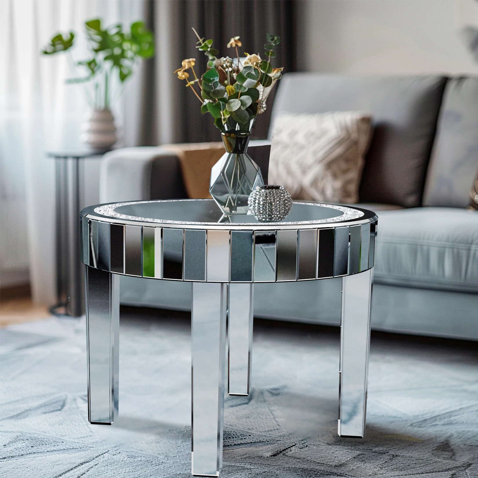 

Round Mirrored Accent Table Silver Mirror Glass Tabletop with Bling Crushed Diamond Edge Frame and Crystal Mirror Legs