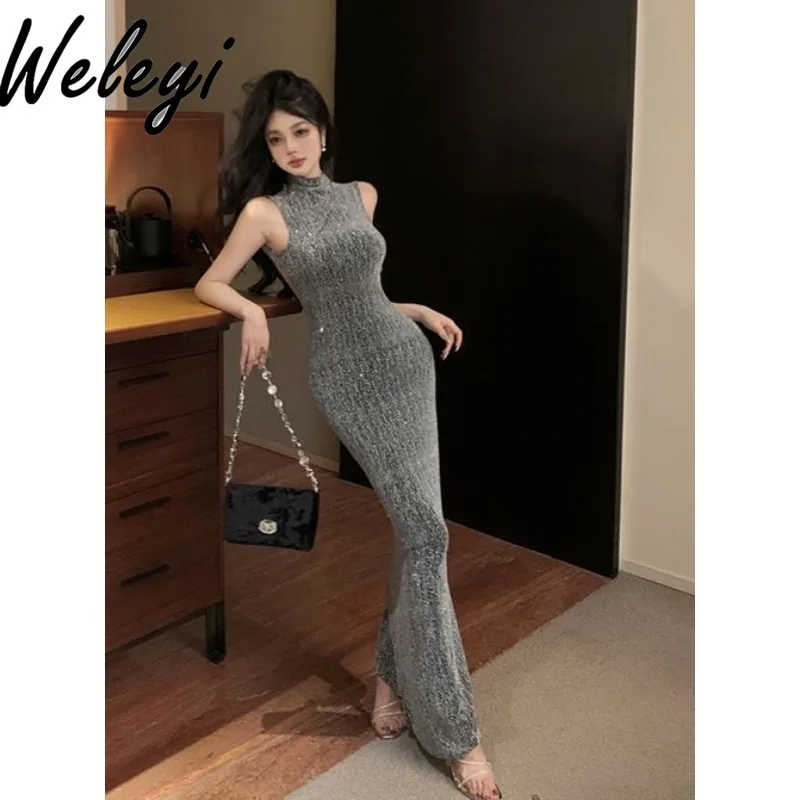 

Hot Girls Sexy Hot Diamond Long Fishtail Dress Women Dinner Party Elegant Slimming Sleeveless Hip Tank Top Inner Maxi Dresses