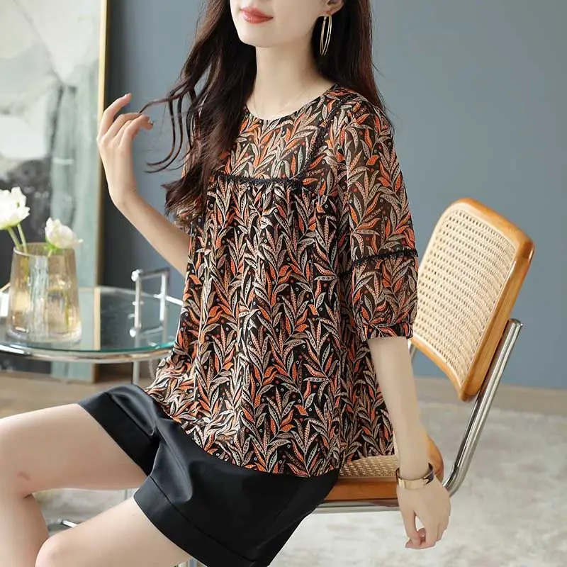 Women\'s O-Neck Lace Patchwork Chiffon Shirt, Elegant Clothes, Casual, All-match, Temperament Tops, Summer Simplicity Fashion