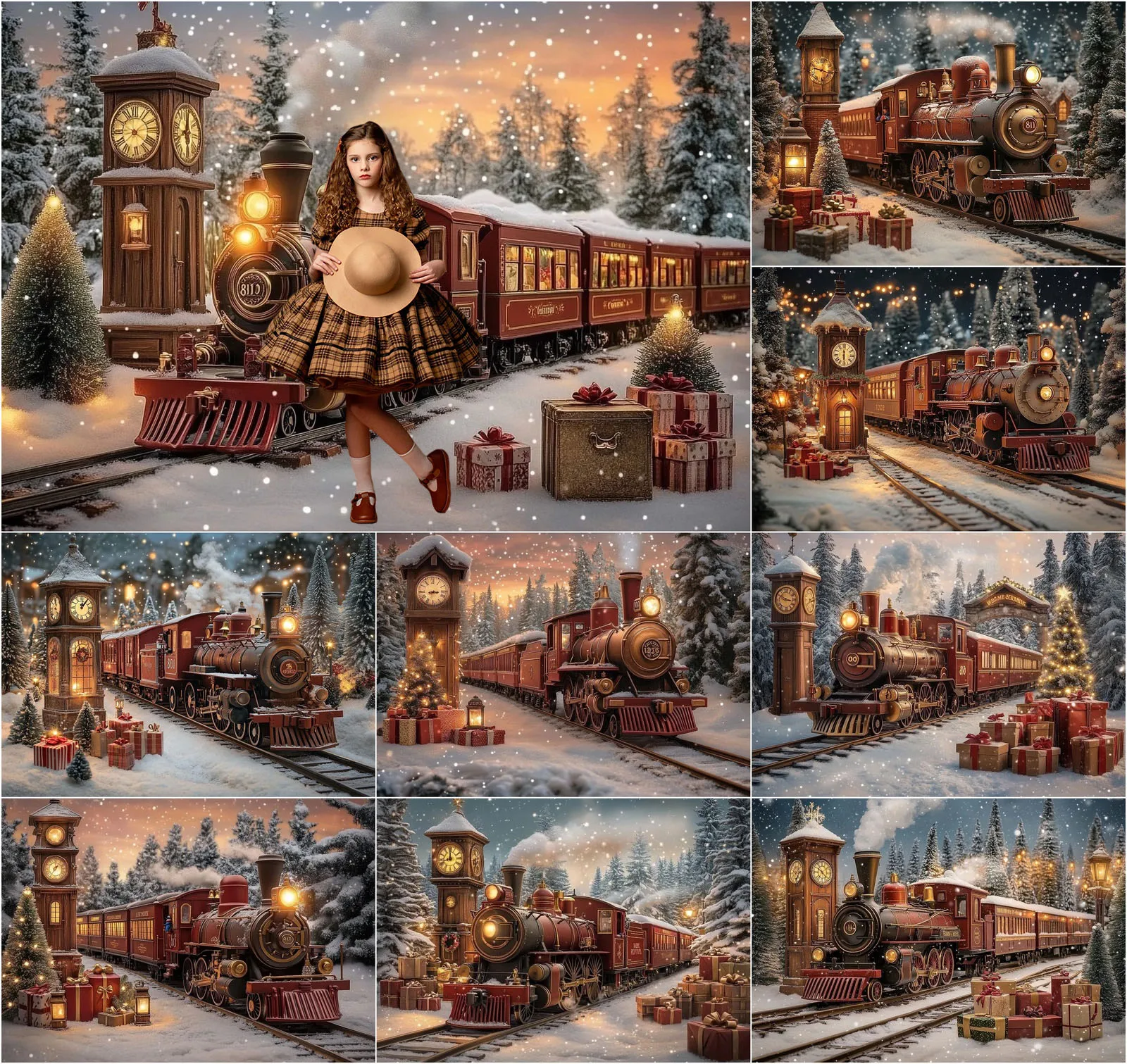 Mehofond Background Photography Vintage Christmas Train Holiday Winter Snow Town Village Station Decor Kids Adult Photo Backdrop