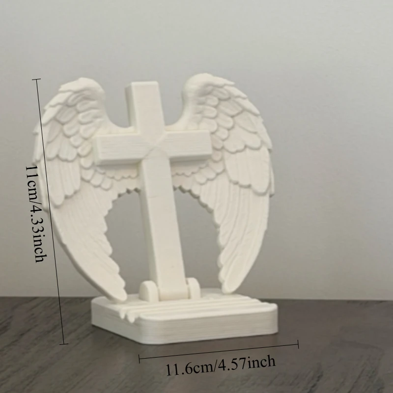 3D Printed Stand Folding Christian Cross Layered Feathered Angel Wings Stepped Phone Holder for Wooden Table Desktop