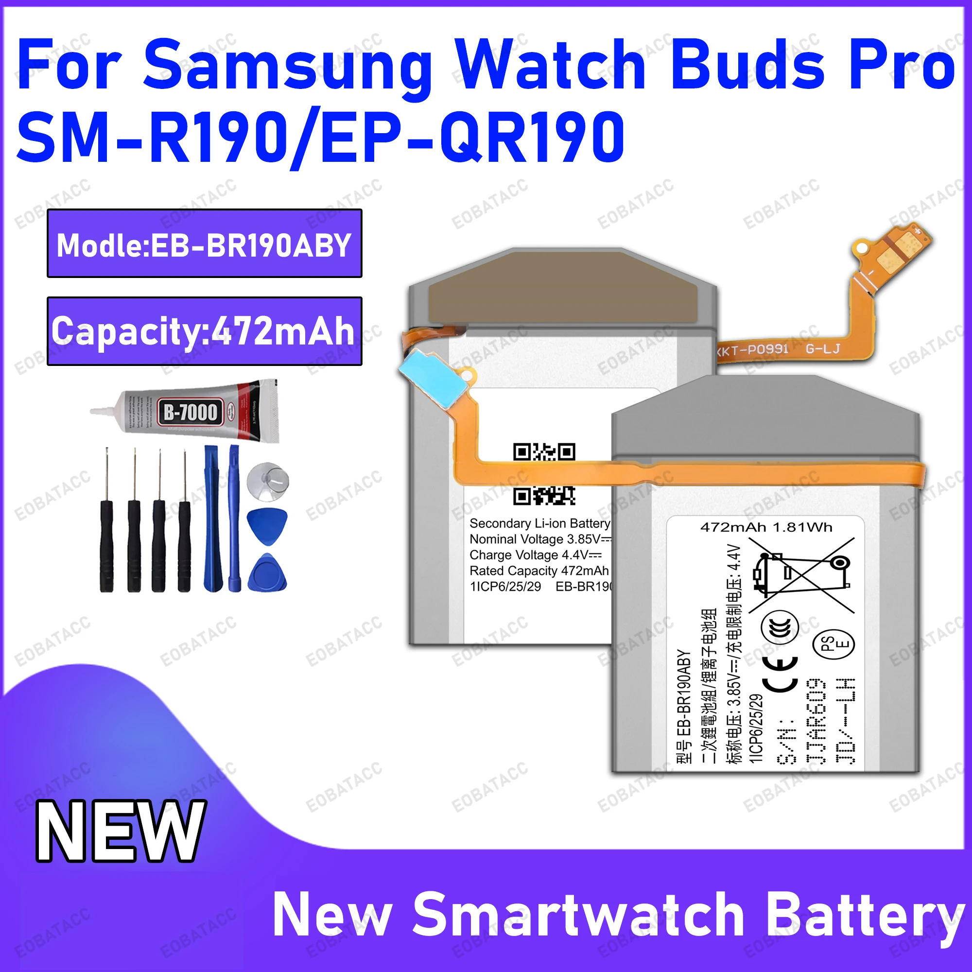 

100% New Zero Cycle EB-BR190ABY Battery For Samsung Watch Buds Pro/SM-R190/EP-QR190 Smartwatch Bateria+Free Tools