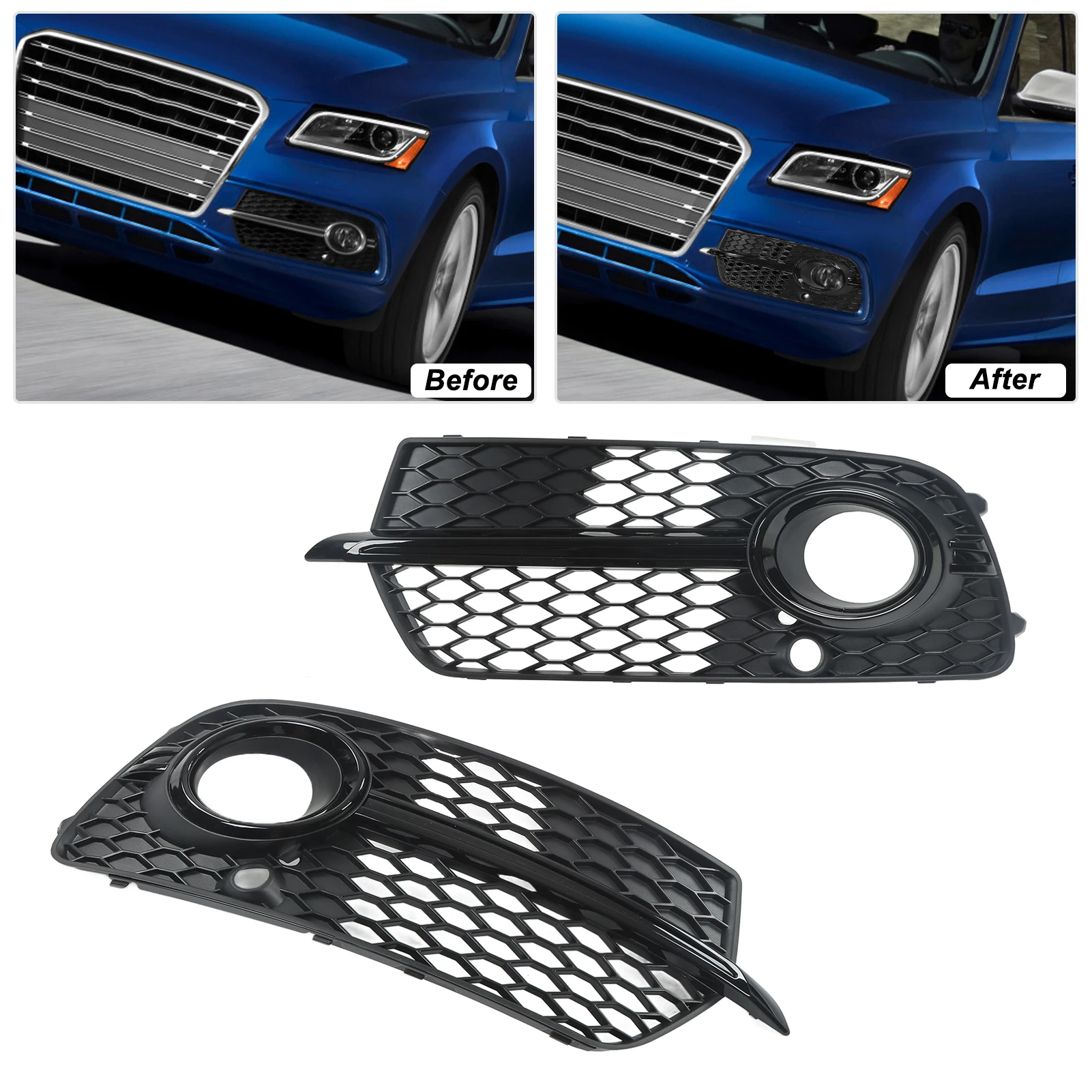 

Front Fog Light Mesh Cover Gloss Black Left Right Trim Replacement for SQ5 2013‑2017 Front Fog Light Grille