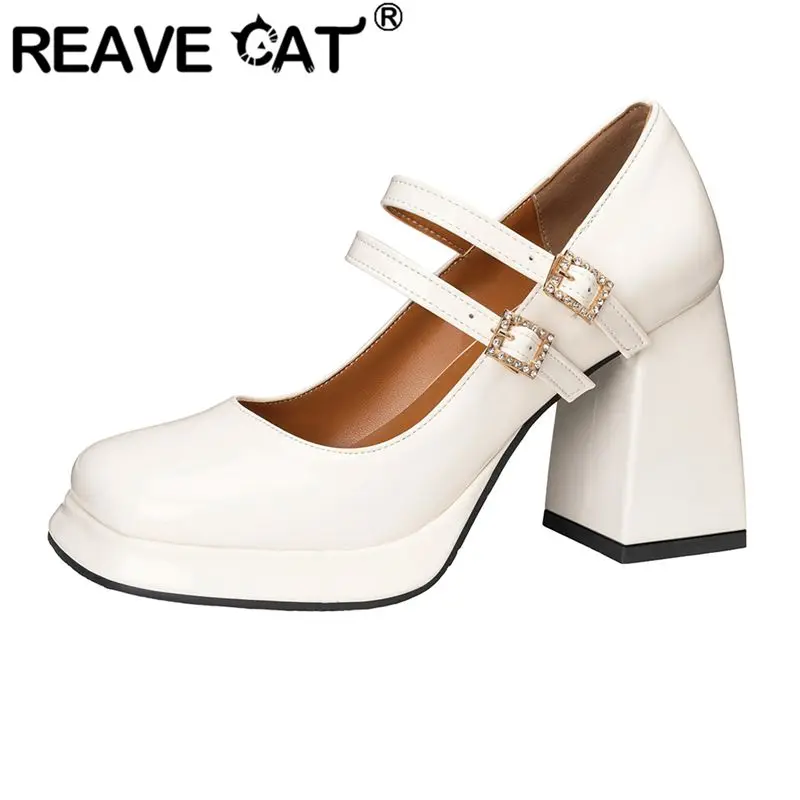 REAVE CAT White Sexy Women Pumps Square Toe 9cm Block Heel Double Buckle Strap Plus Size 44 45 46 Mary Janes Dating Party Shoes
